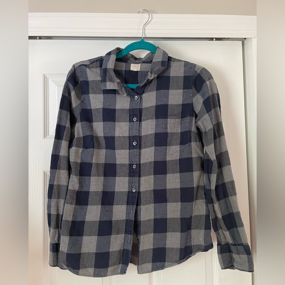 J Crew Blue and Grey Buffalo Plaid Button Up